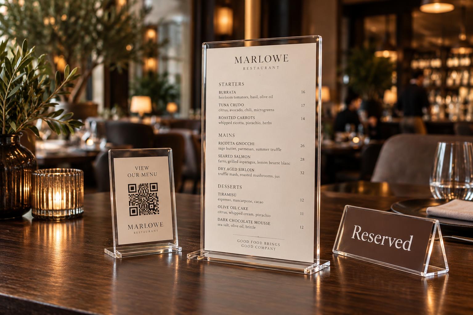 Displays de acrílico ADRE para cardápio e QR Code